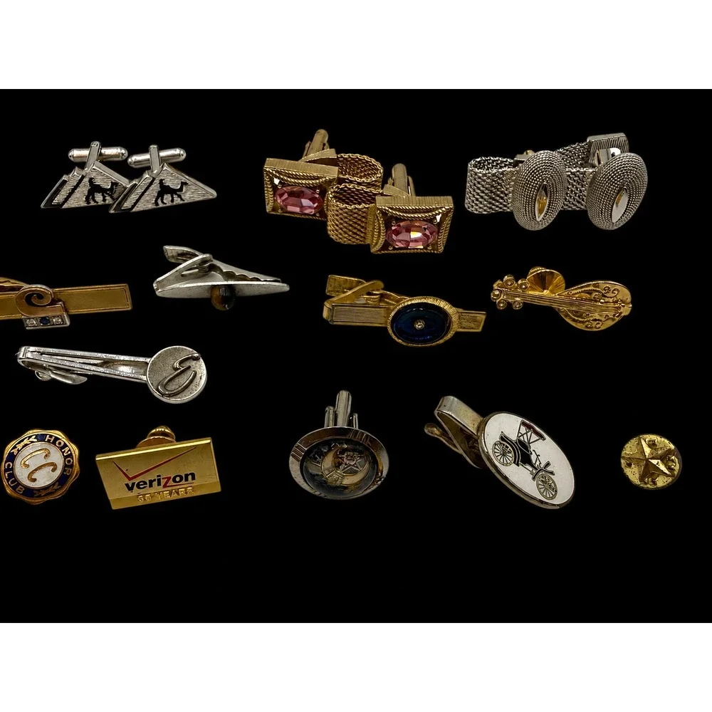 Vintage Cufflinks Tie Clips Lapel Pins Lot 36 Gold Silver Tone Mens Jewelry